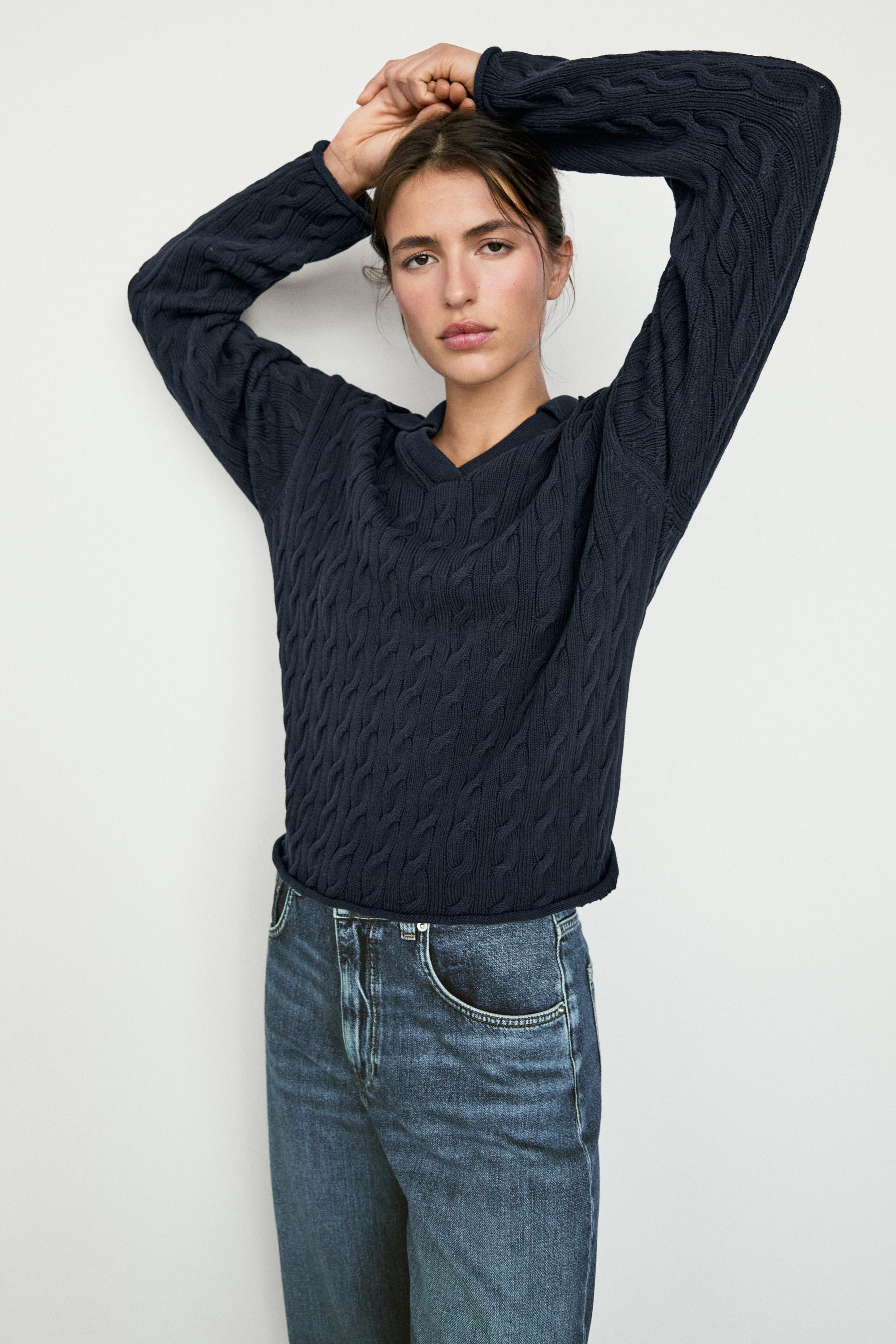 Cotton blend knit polo collar sweater